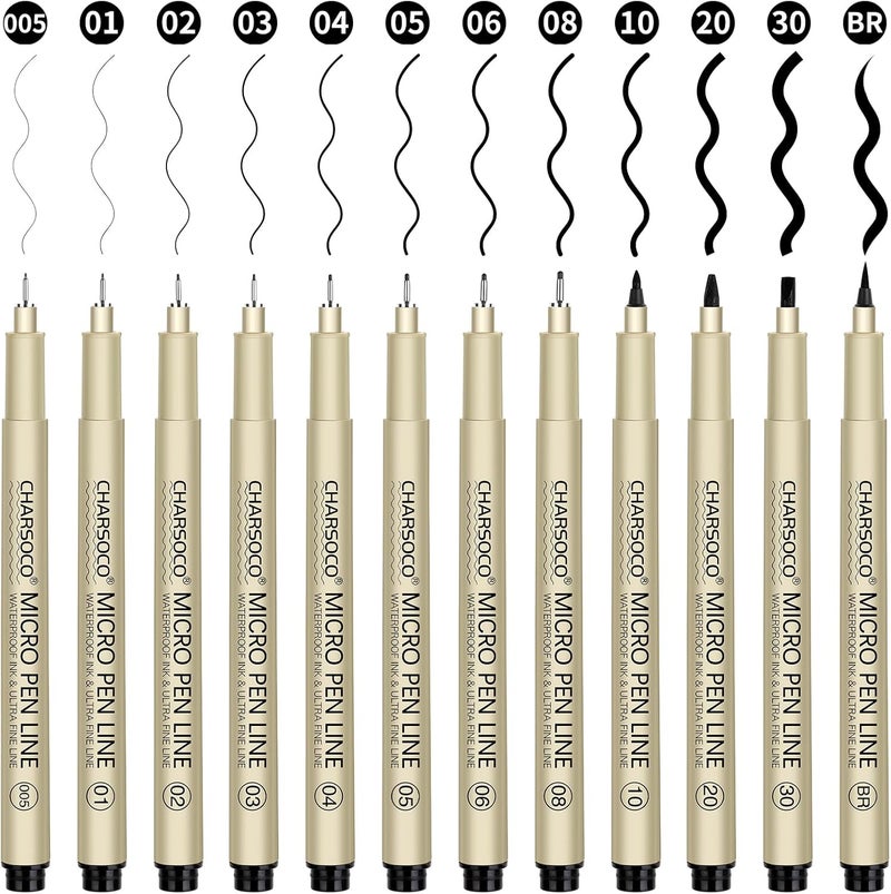 CHARSOCO Black Micro Pens, 12 Sizes in 0.23mm - 5mm, Waterproof Archival Ink, Fine Point Pen for Artist Illustration, Sketching, Anime, Manga and Technical Drawing - Image 1